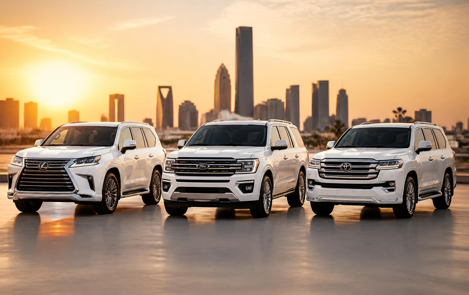 لكزس LX 600 وفورد إكسبيديشن وتويوتا لاندكروزر 2026 باللون الأبيض أمام أفق الرياض